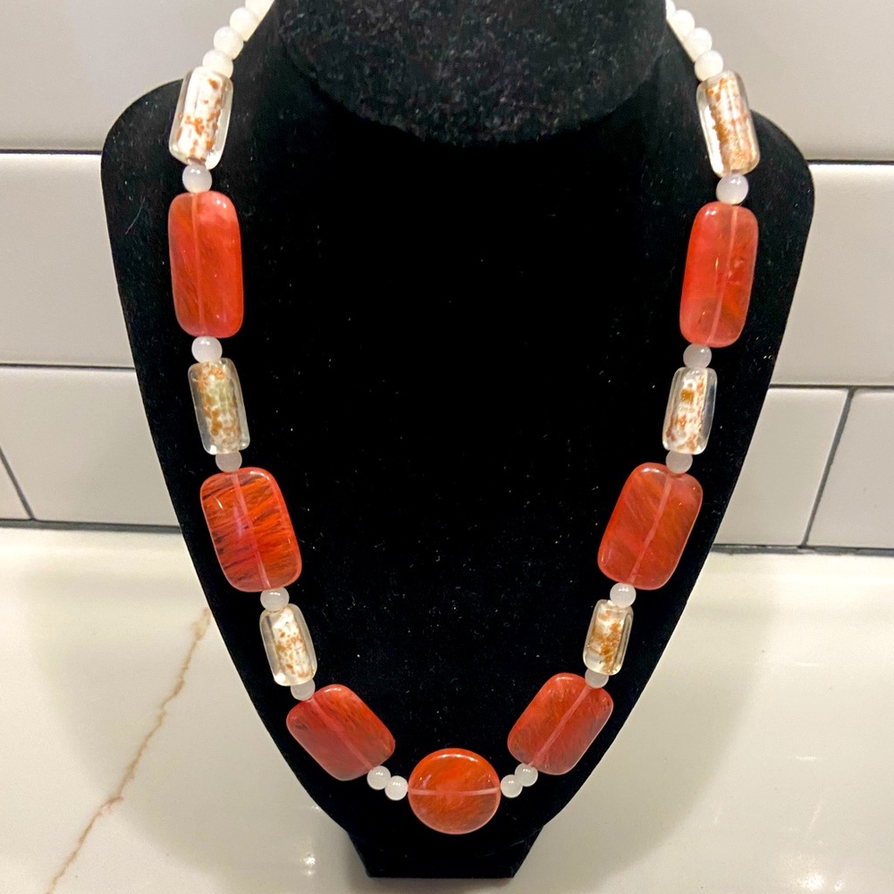 Gorgeous coral, moonshine and hand painted beaded necklace